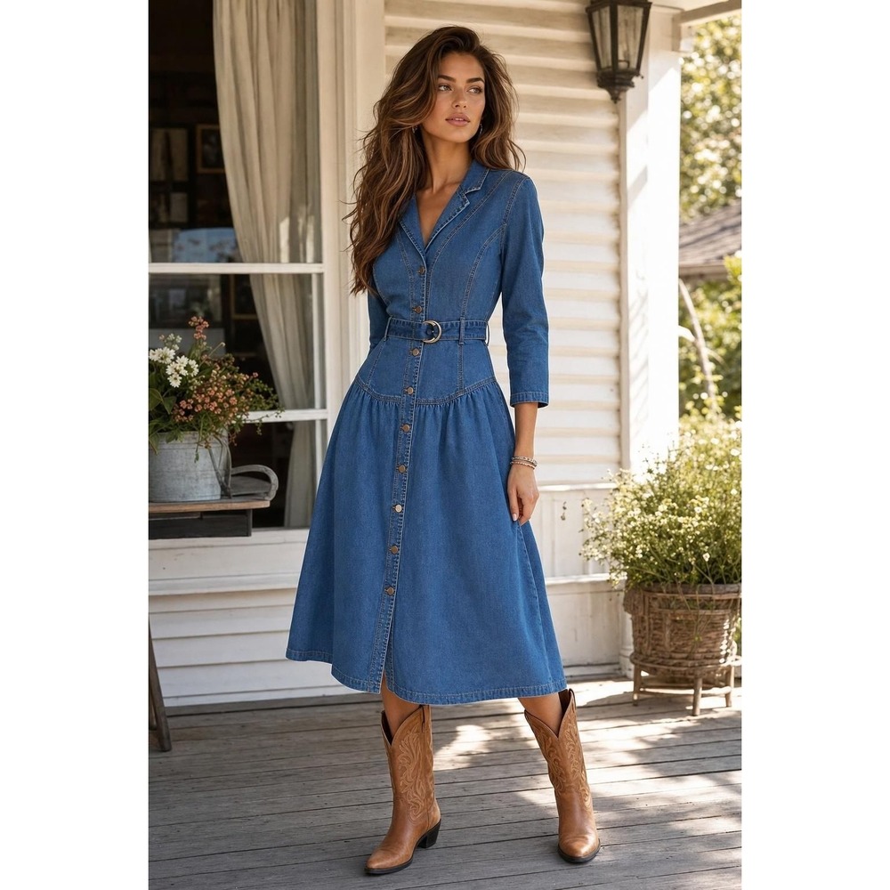 Indigo Poppy Denim Shirt Dress Women's L Belted  Country Western Prairie Midi